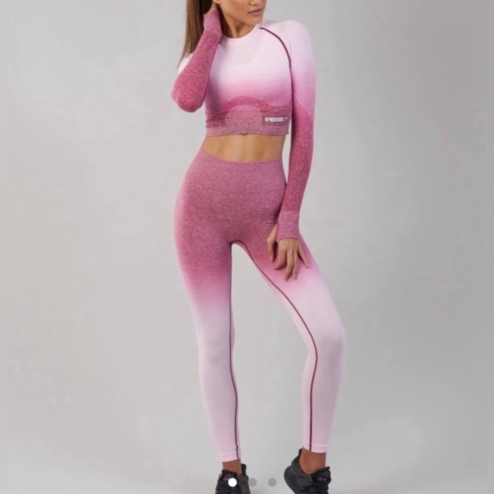 Gymshark Ombré Seamless Long Sleeve Top and Leggings Full Set in Chalk Pink/Beet